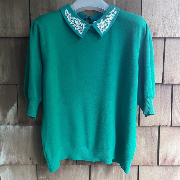 Bright Green Knitted Cardigan Short Sleeve Rhinestone Embroidery Sioni Milano - Picture 1 of 9
